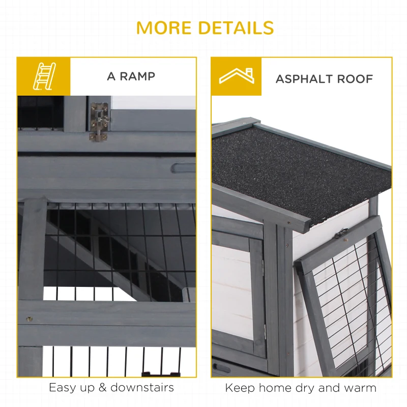 PawHut Wooden 2 Story Rabbit Hutch Bunny Cage with Slide-Out Run, Openable Roof, Lockable Doors, Ramp and No Leak Tray for Outdoor, Grey, and White