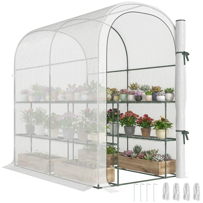 Outsunny Walk-in Mini Greenhouse with Shelves, Portable Outdoor Greenhouse with Roll-up Door, 48.4" x 73.6" x 74.4", White