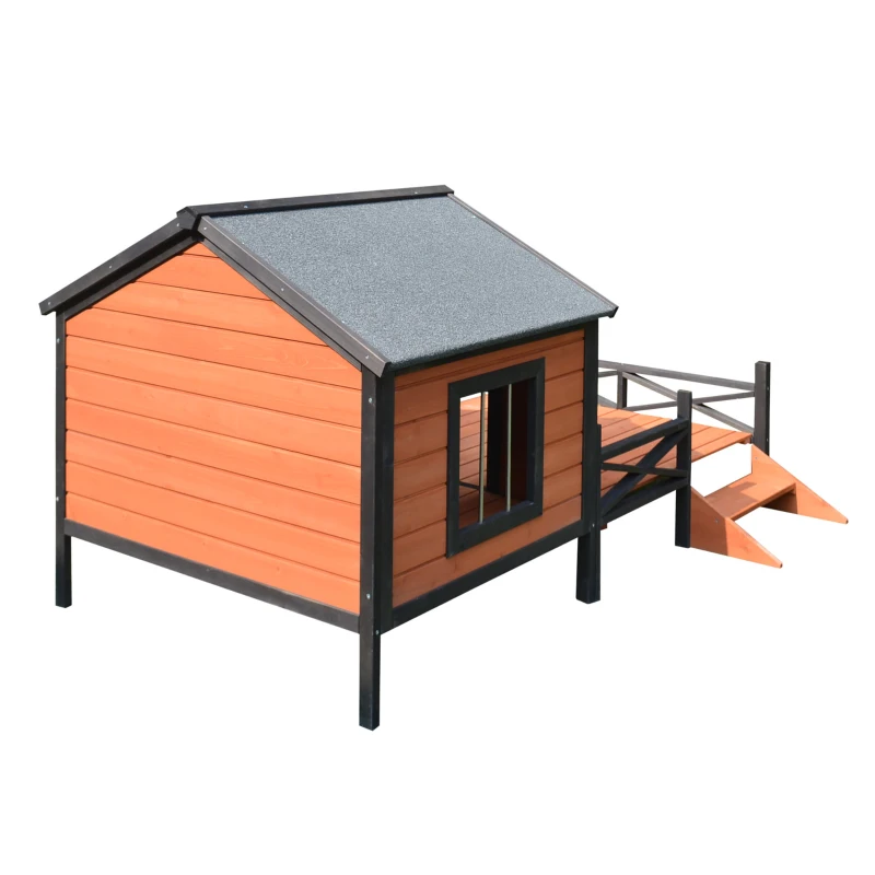 PawHut Wooden Dog House with Porch, Outside Dog House with Water-resistant Asphalt Roof, Ladders, Fencing, Window, for Small and Medium Dogs, Natural