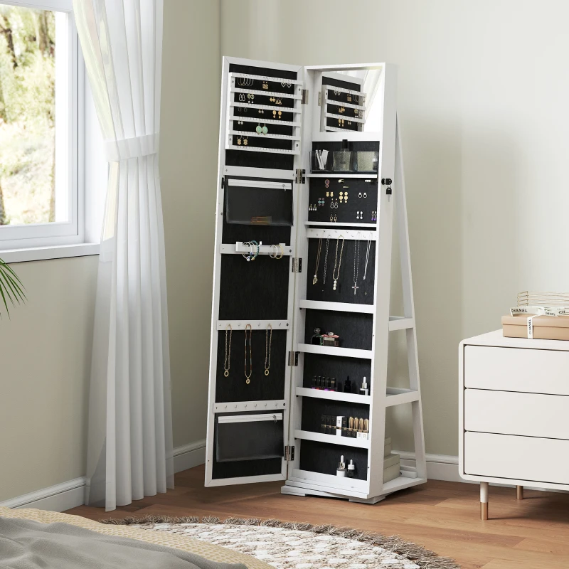 HOMCOM 360° Swivel Jewelry Armoire, Lockable Mirror Jewelry Cabinet with Built-In Small Mirror, White