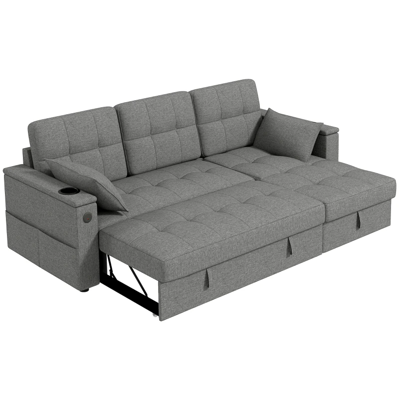 HOMCOM Convertible Sectional Sofa Bed, Pull Out Sleeper Sofa Couch with USB‑A+C, Chaise Storage, L-Shaped Futon Couch, Grey