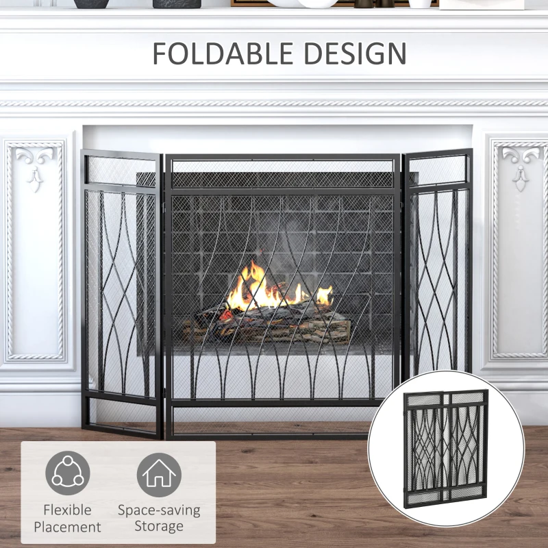 HOMCOM 3-Panel Metal Mesh Fireplace Screen, Decorative Fire Spark Guard Cover, 49.5" x 31.5"for Living Room Home Decor, Black