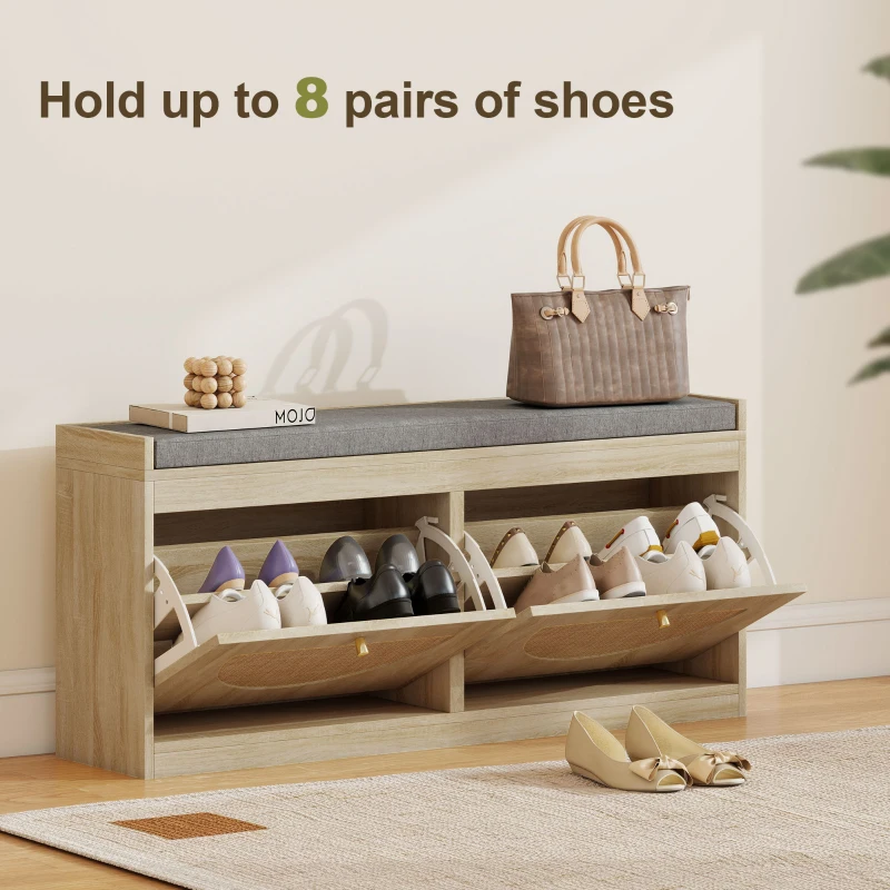 HOMCOM Shoe Bench with Flip Doors, Seat Cushion, Adjustable Shelves for 8 Pairs, Boho Entryway Bench for Bedroom, Natural Wood