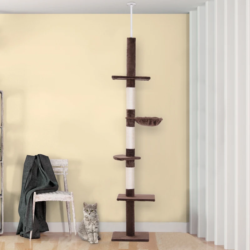 PawHut 102" Adjustable Height Floor to Ceiling Cat Tree, 5 Level Cat Tower with Scratching Posts, Hammock, Brown