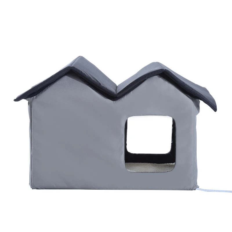 PawHut Double Heated Cat House Portable Indoor/Outdoor Kitty Shelter for Ferral Cat in Winter, Grey