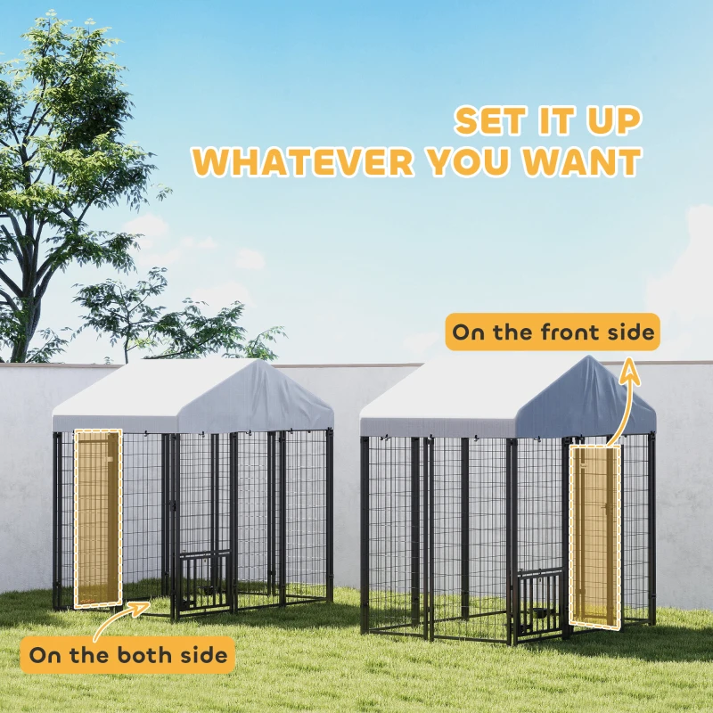 PawHut Outdoor Dog Kennel with Waterproof UV-Resistant Cover, Rotating & 4-Level Adjustable Feeding Bowls, 5.9 x 4 x 6 ft