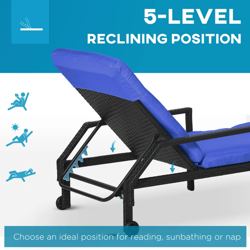 Outsunny Wicker Chaise Lounger PE Rattan Outdoor Lounge Chair Garden Chair Recliner with 5-Level Adjustable Backrest and 2 Wheels, Dark Blue