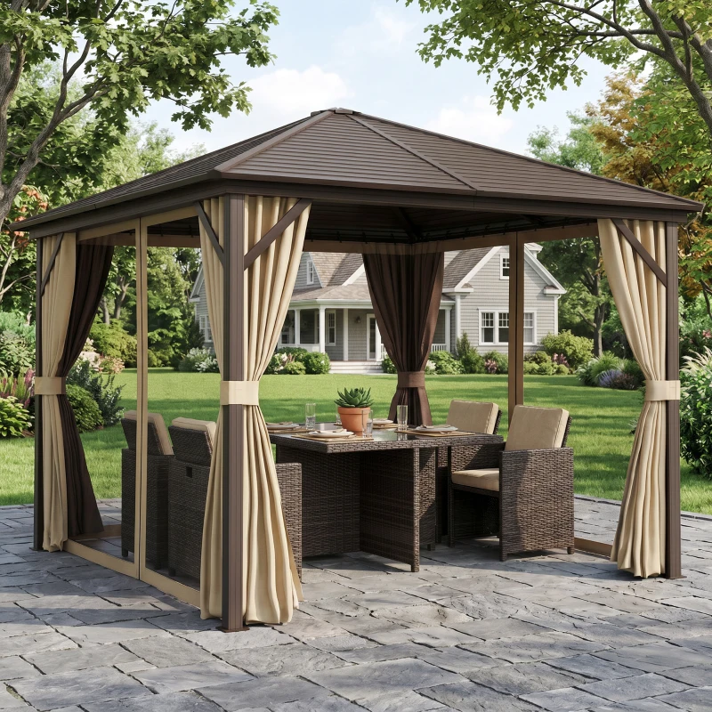 Outsunny 10' x 10' Hardtop Gazebo Outdoor Aluminum Gazebo Canopy with Mosquito Netting, Curtains, Hanging Hook, Brown