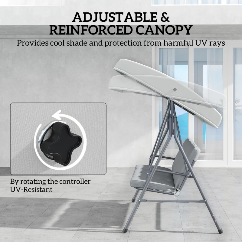Outsunny 3-Seat Patio Swing Chair, Outdoor Porch Swing Glider with Adjustable Canopy, Light Grey