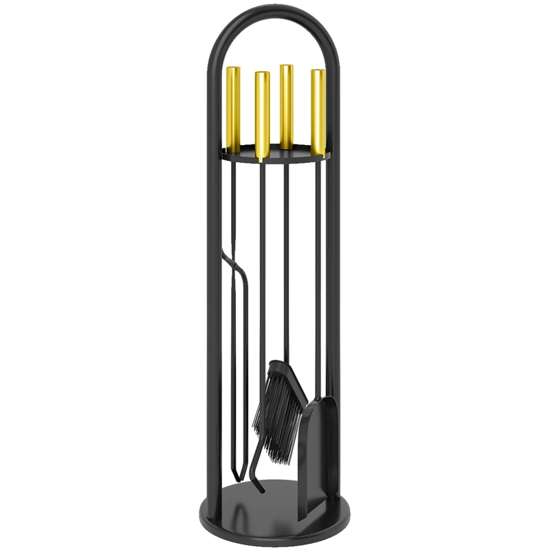 Outsunny Fireplace Tools Set, 5 Pieces Fireside Accessories with Brush, Shovel, Poker, A Pair of Tongs, Stand, Gold
