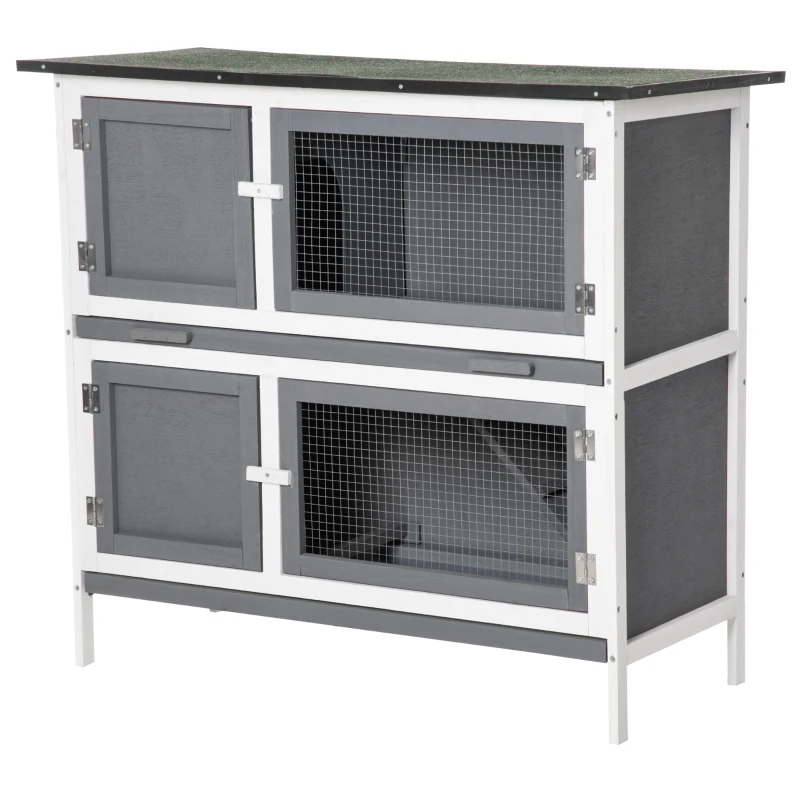 PawHut Wooden Bunny Rabbit Hutch, Small Animal Habitat with Ramp, Removable Tray & Weatherproof Roof, Indoor/Outdoor, Grey
