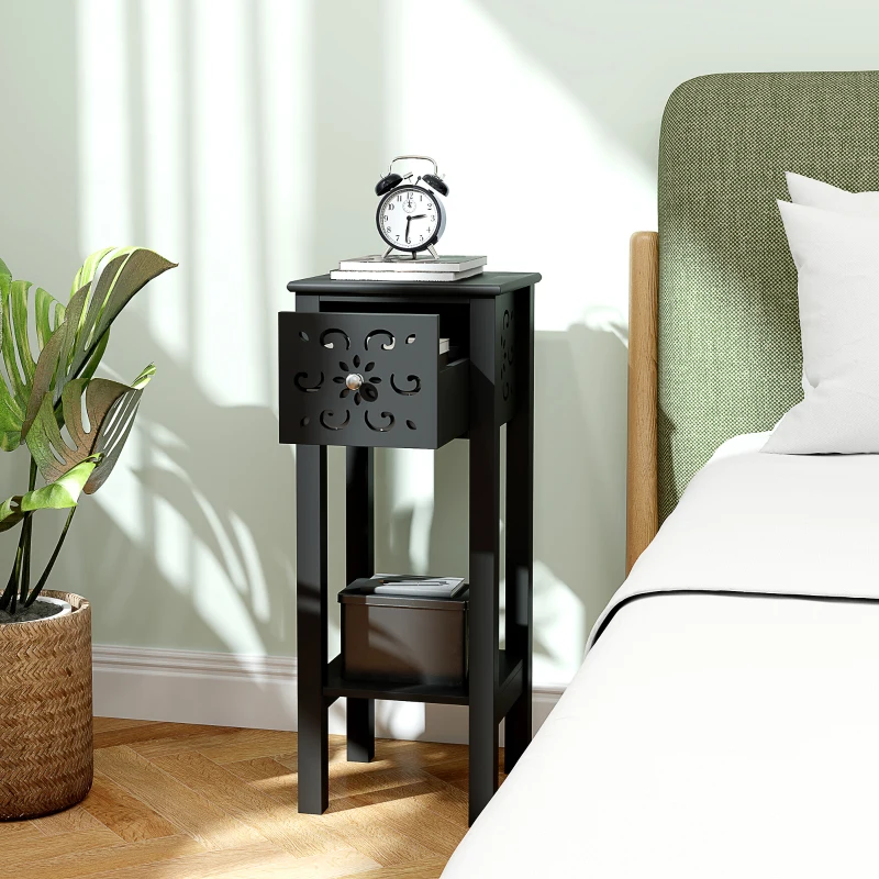 HOMCOM Nightstand Set of 2 with Drawer and Open Storage Shelf Black