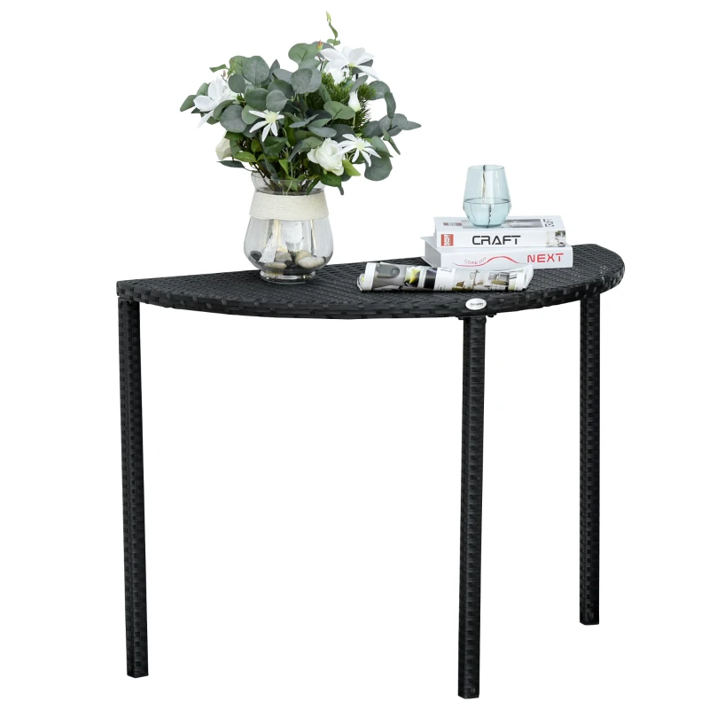 Outsunny Half Round Side Table, PE Rattan Coffee Table with Metal Frame for Patio, Garden, Balcony, Black