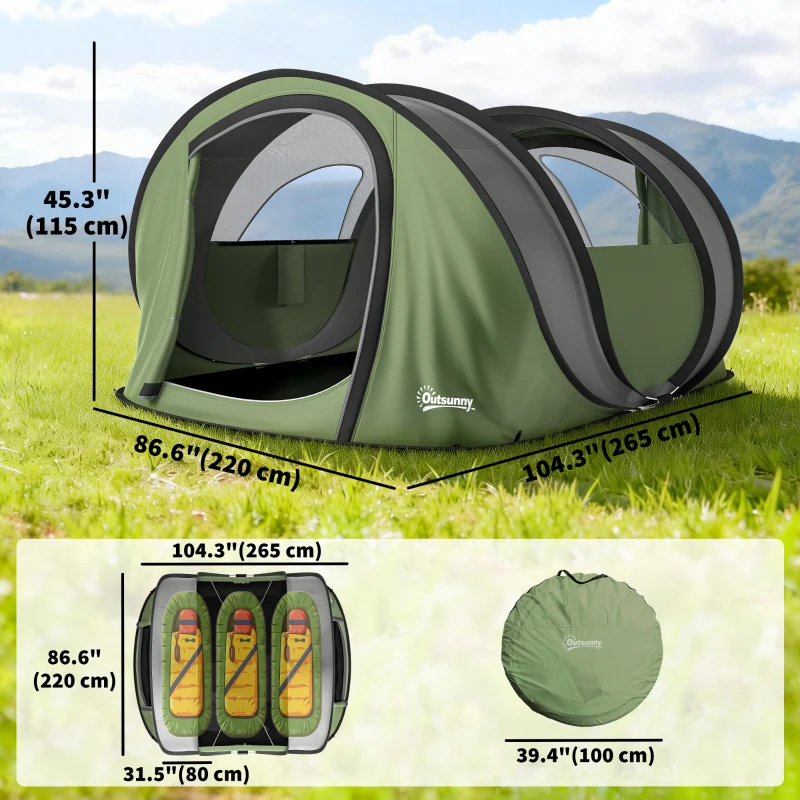 Outsunny Family Tent  Pop-Up Camping Tent with 2 Doors 2 Windows for 4-5 Person Waterproof Green