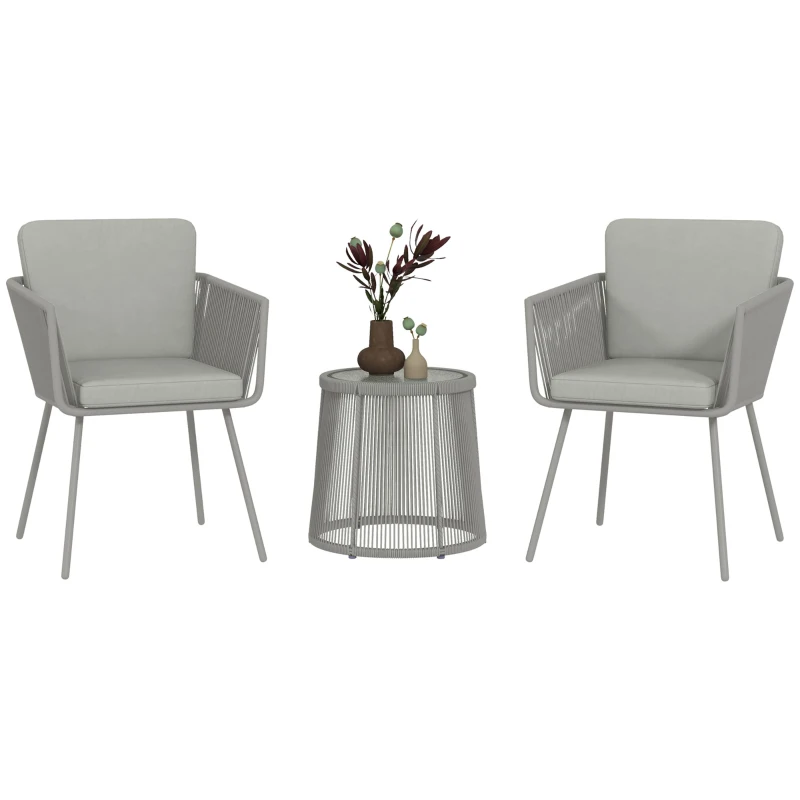 Outsunny 3 Piece Outdoor Patio Bistro Set, Wicker Rattan Furniture with Metal Legs for Garden, Backyard, Light Grey