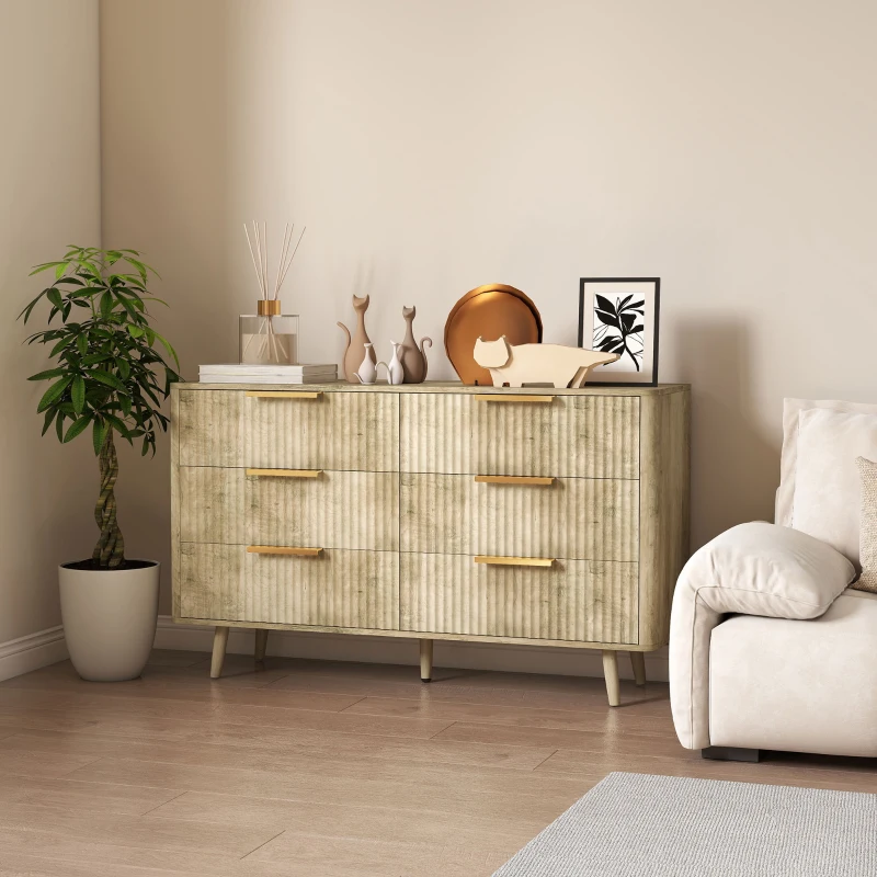HOMCOM Fluted Chest of Drawers, Modern 6 Drawer Dresser with Pine Wood Legs, Finger Pulls for Closet, Living Room, Hallway, Oak