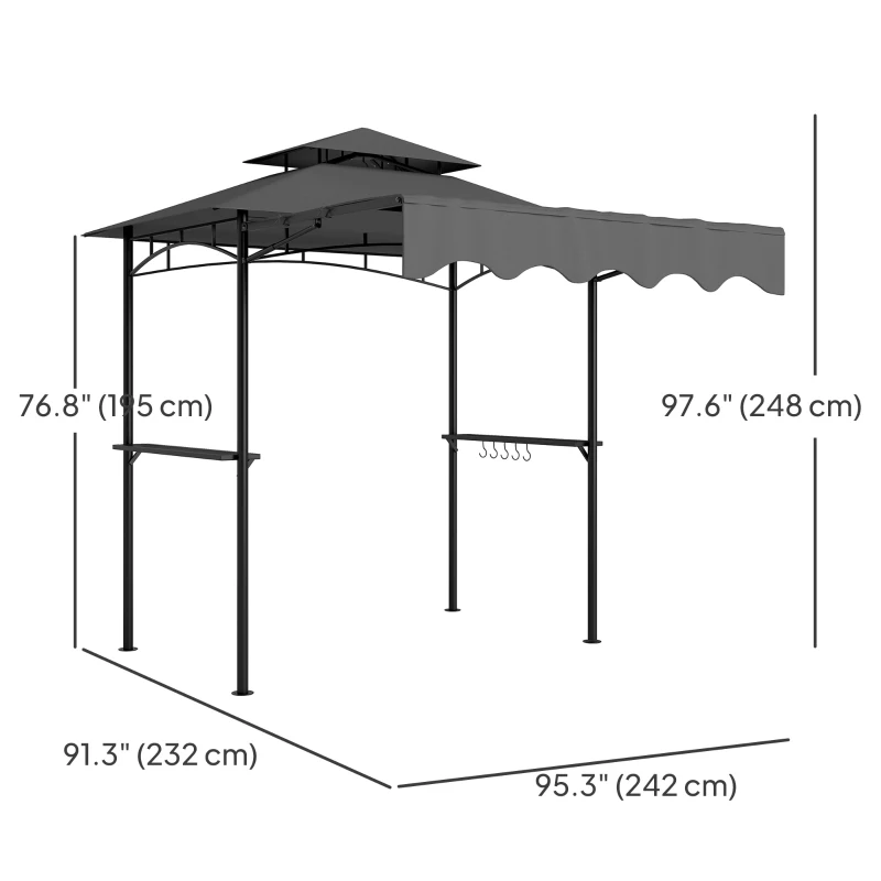 Outsunny 8' x 7.6' Grill Gazebo, Double Tiered Barbecue Grill Gazebo Shelter w/ Side Awning, 2 Side Shelves, 6 Hooks, Dark Grey