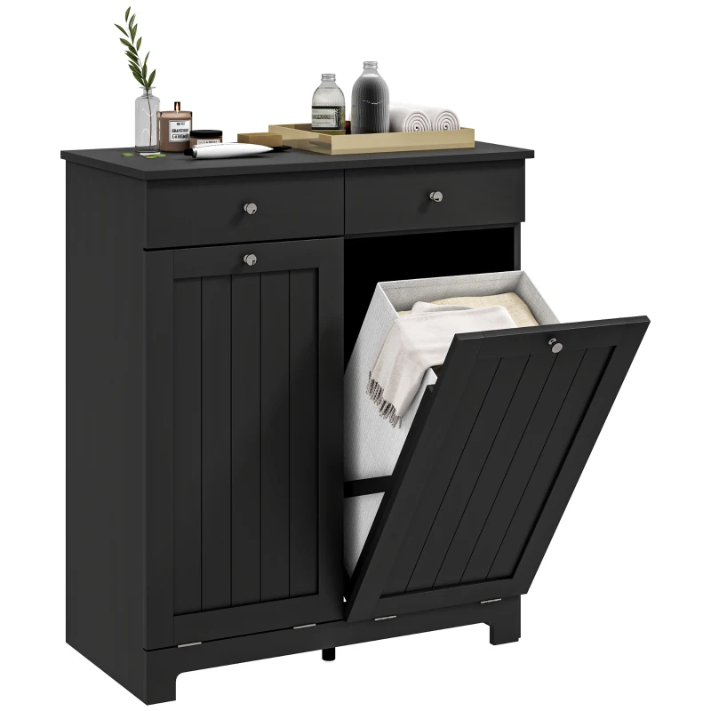 HOMCOM Laundry Cabinet, Tilt Out Laundry Hamper Cabinet with 2 Baskets, Bathroom Hamper Cabinet with 2 Drawers, Black