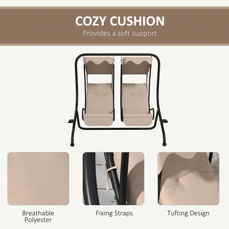 Outsunny 2 Seat Modern Outdoor Swing Chairs With Handrails and Removable Canopy - Beige