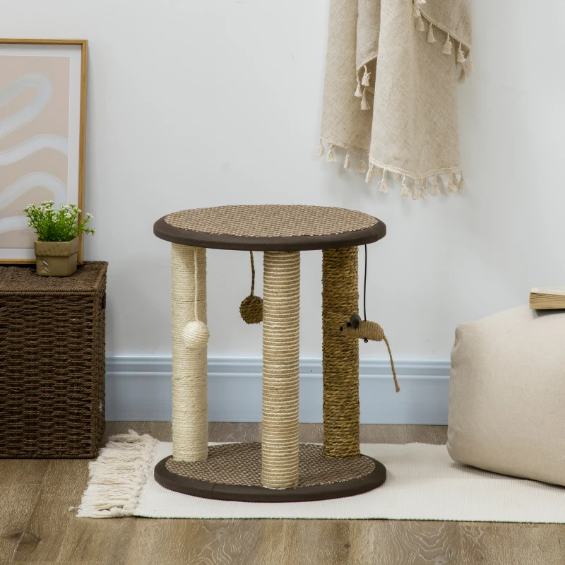 PawHut 17" Cat Tree, Kitty Activity Centre with Hanging Toys, Cat Tower with Jute, Sisal, Seagrass Scratching Post, Brown