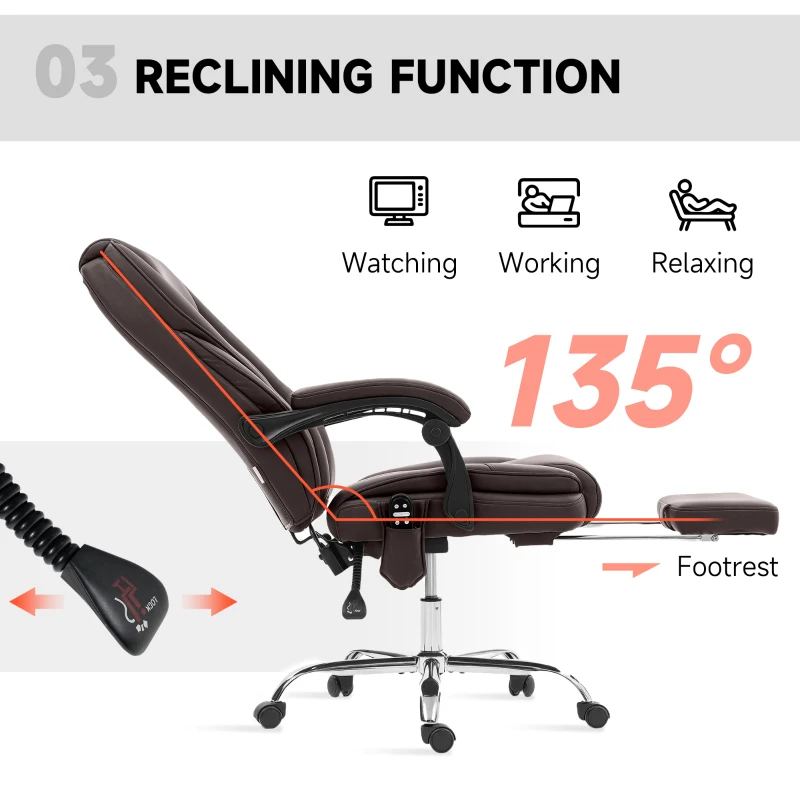 Vinsetto Massage Office Chair, Reclining Computer Chair with Adjustable Height and Footrest, Dark Brown