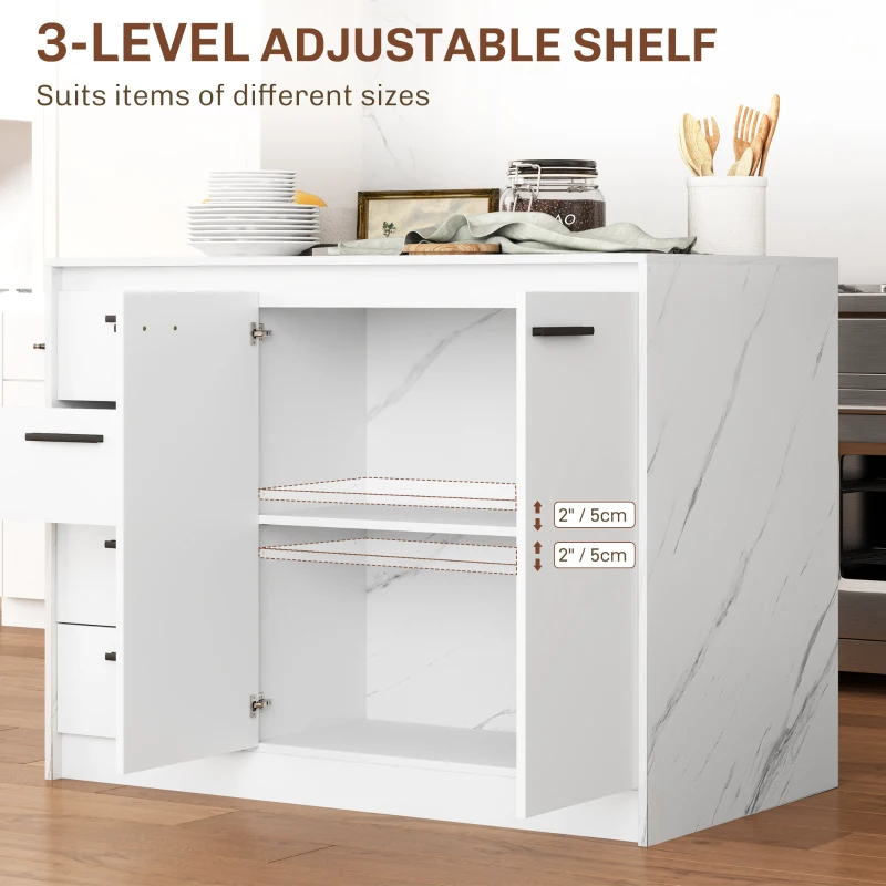 HOMCOM Kitchen Island with Storage Cabinet, 4 Drawers and Adjustable Shelf for Dining Room, Faux Marble Effect and White