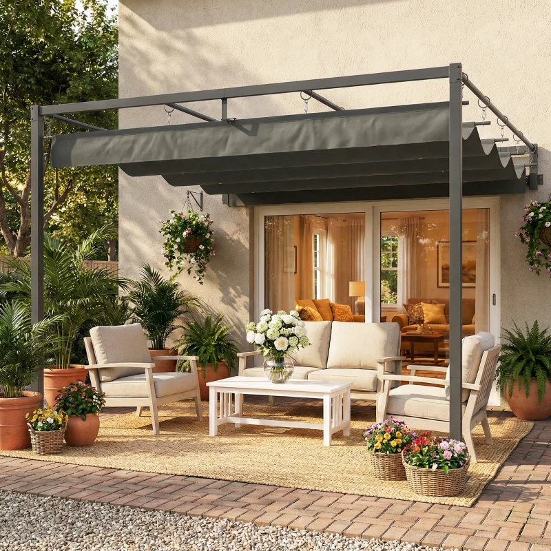 Outsunny 10' x 10' Retractable Pergola Canopy, Wall-Mounted Pergola, Outdoor Sun Shade Shelter for Garden, Balcony, Dark Grey