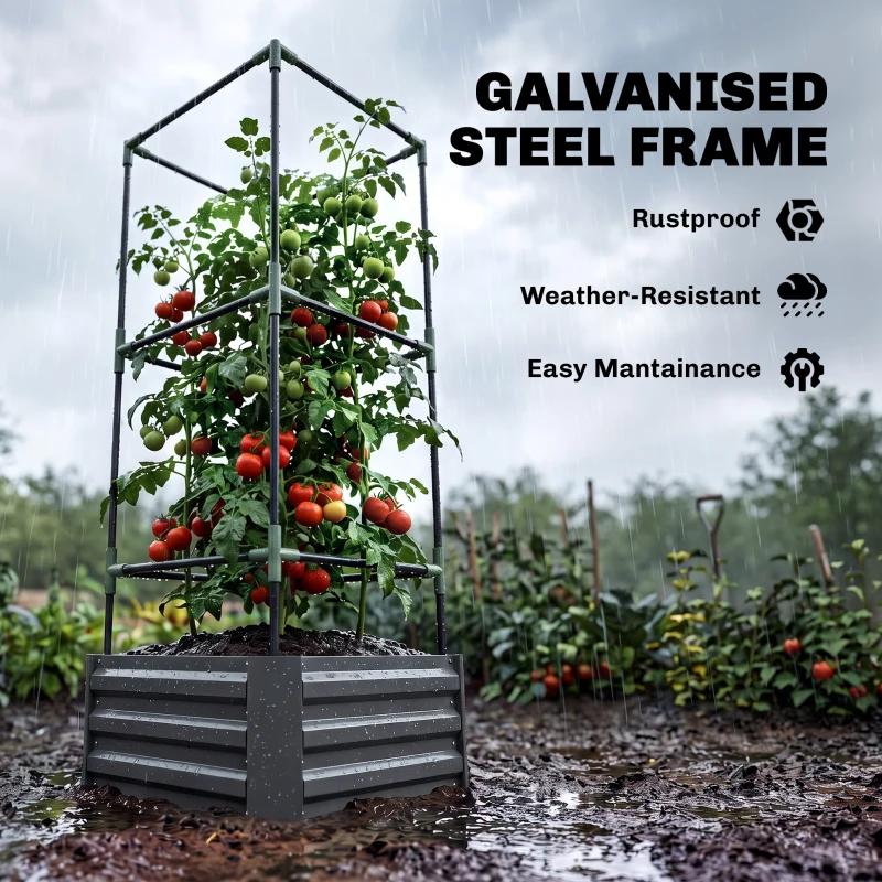 Outsunny Galvanized Planter Box, 24" x 24" x 55" Raised Garden Bed with Tomato Cage for Climbing Vines, Dark Gray
