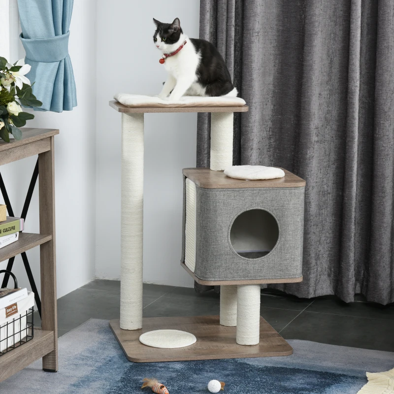 PawHut 34" Cat Tree Tower Activity Center with Natural Jute Scratch Material, Cushions on Each Platform, & Condo Area