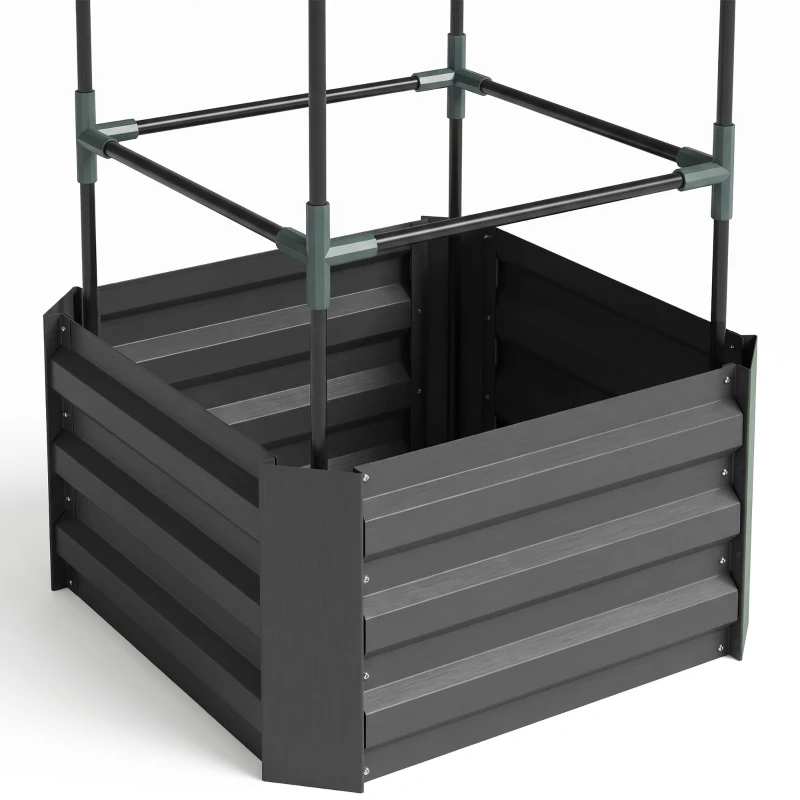 Outsunny Galvanized Planter Box, Outdoor Raised Garden Bed with 3-Tier Trellis Tomato Cage for Climbing Vines, Vegetables, Grey