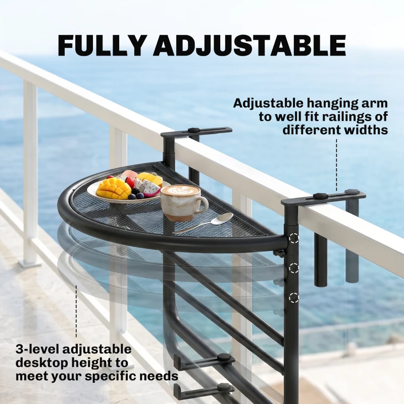 Outsunny Adjustable Balcony Hanging Rail Table Metal Mounting Mini Wall Desk Storage Rack Outdoor Flower Stand, Black