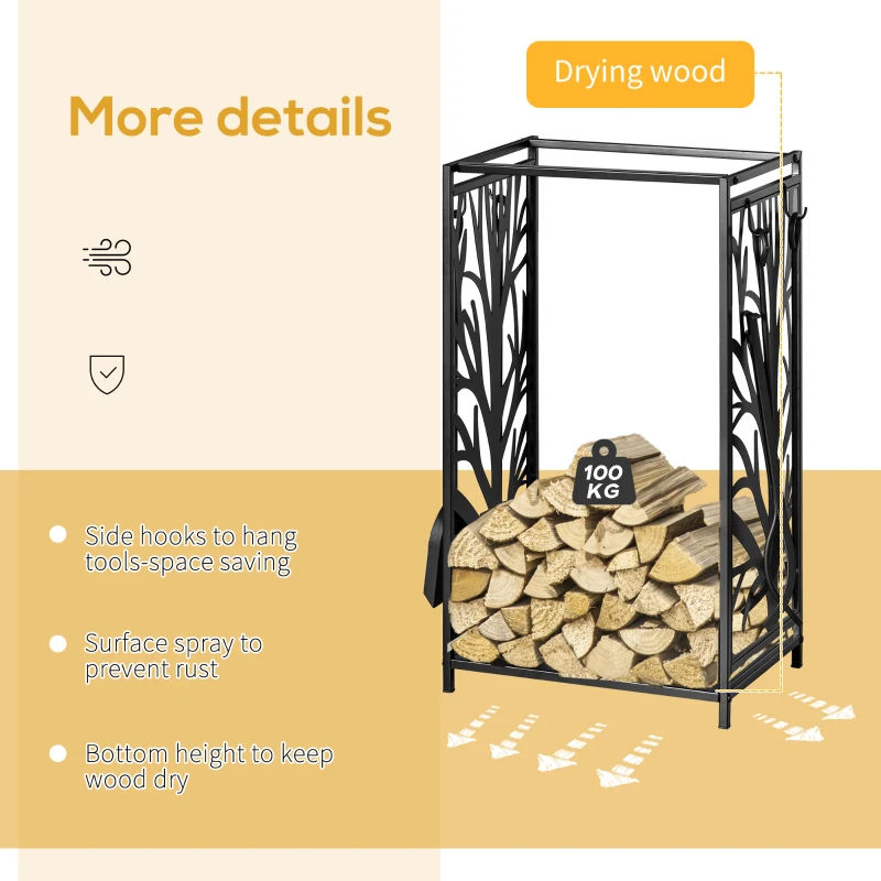 HOMCOM 18.1" x 11.8" x 27.6" Firewood Rack with 4 Tools, Log Holder for Fireplace, Outdoor Indoor Wood Storage Stacker, Black