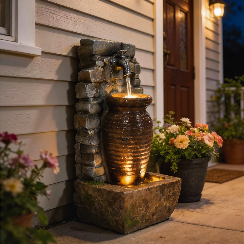 Outsunny Outdoor Water Fountain Adjustable Water Flow Garden Fountain with LED Lights Rustic Urn Design