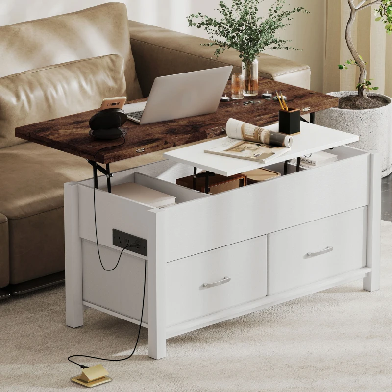 HOMCOM Lift Top Coffee Table, Center Table with 3 Hidden Compartments, 2 Fabric Drawers, Expandable Top and Charging Station