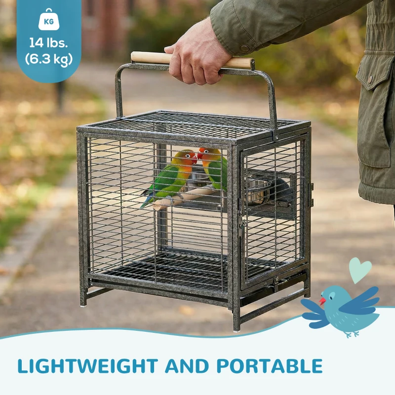 PawHut Bird Travel Carrier Cage, Portable Metal Bird Cage for Parrots Conures Cockatiel Parakeets with Stand Perch, Stainless Steel Bowls, Pull Out Tray, 19" x 15" x 26", Black