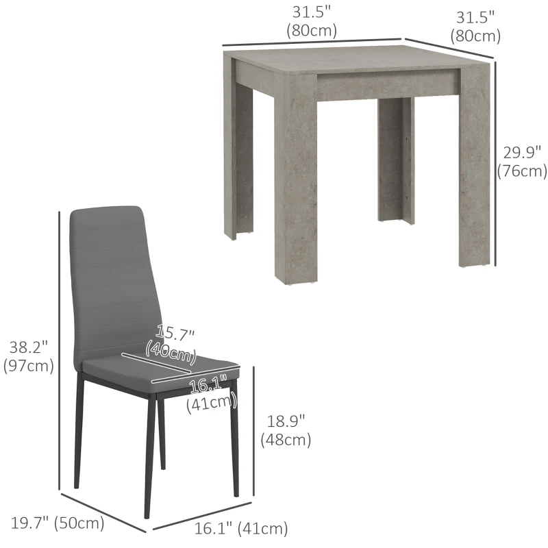 HOMCOM Dining Table Set for 2, Square Kitchen Table and Chairs, Dining Room Table and PU Leather Upholstered Chairs, Grey