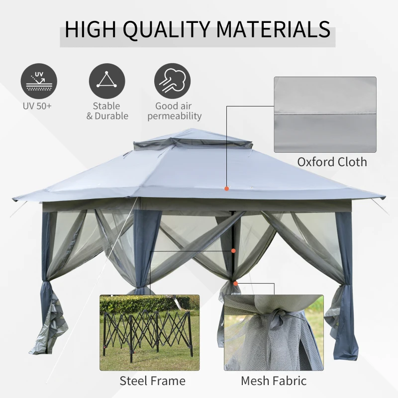 Outsunny 12' x 12' Foldable Pop-up Party Tent Instant Canopy Sun Shade Gazebo Shelter Steel Frame Oxford w/ Roller Bag, Grey