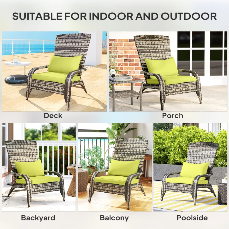 Outsunny Patio Wicker Adirondack Chair, Outdoor PE Rattan Fire Pit Chair, Muskoka Chair w/ Soft Cushions, Tall Curved Backrest and Comfortable Armrests for Deck Garden, Green