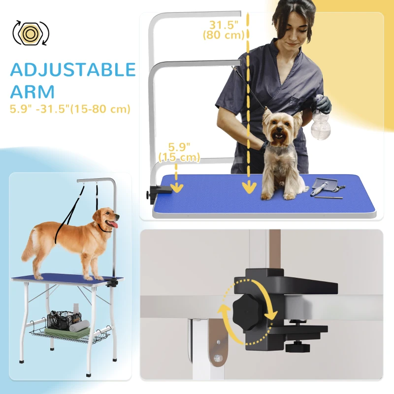PawHut Dog Grooming Table w/ Adjustable Arm, Mesh Tray,  Two Nooses, Rubber Surface, 35" x 24" x 61", Blue