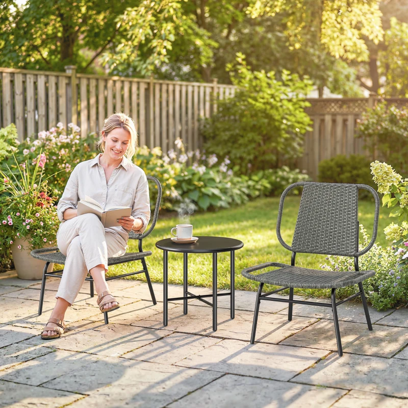 Outsunny 3 Piece Wicker Patio Furniture Set, Outdoor Bistro Set with Steel Table, Rattan Outdoor Conversation Furniture, Grey