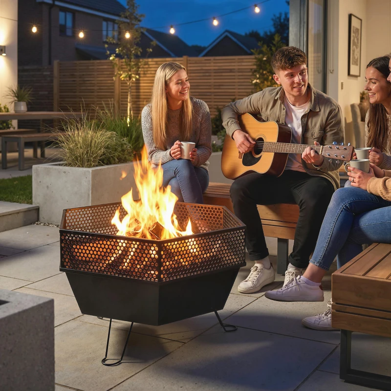 Outsunny 20" Fire Pit with Fire Poker, Foldable Wood Burning Firepits with Lid, Portable Firepit, Black