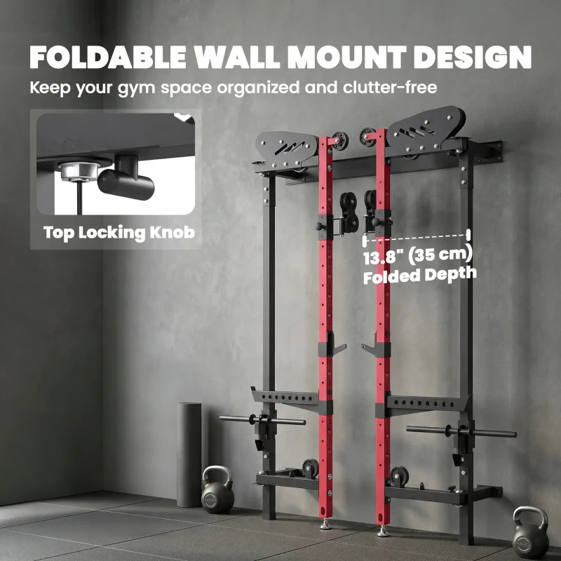 Soozier Foldable Power Cage, Space-Saving Power Rack with Pull-Up Bar, Cable Pulley System, 1540 lbs Capacity