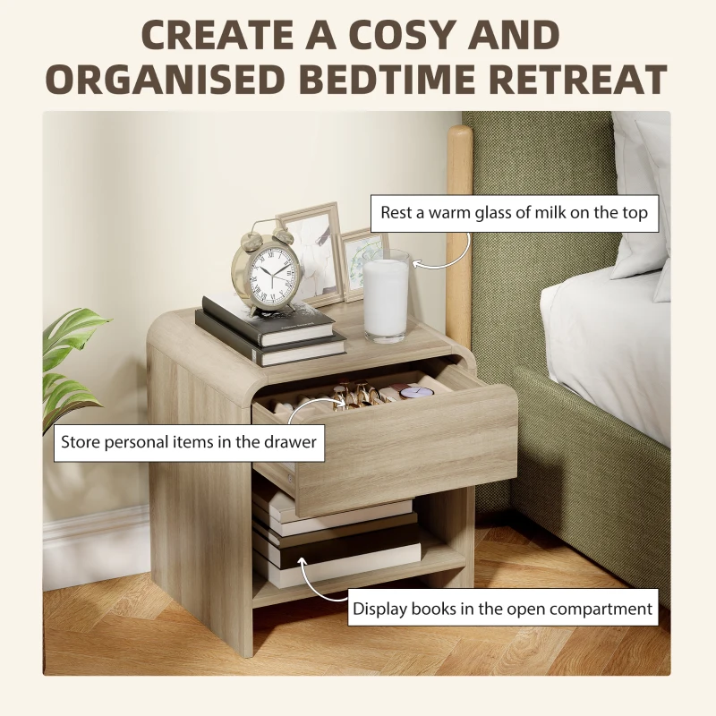 HOMCOM Nightstand Set of 2, Modern Bedside Table with Rounded Corners, Nightstand with Drawer and Open Shelf, Natural Wood