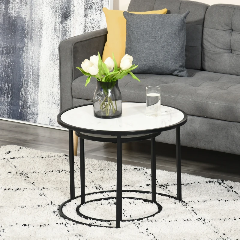 HOMCOM Round Nesting Coffee Table Set of 2, Stacking Modern Accent Tables with Faux Marble Tabletop and Metal Frame for Living Room, White