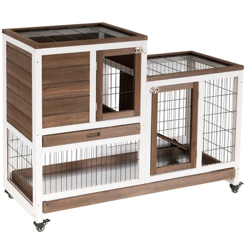 PawHut Wooden Rabbit Hutch, Indoor Bunny Cage with Wheels, Pull Out Trays, Run, Brown