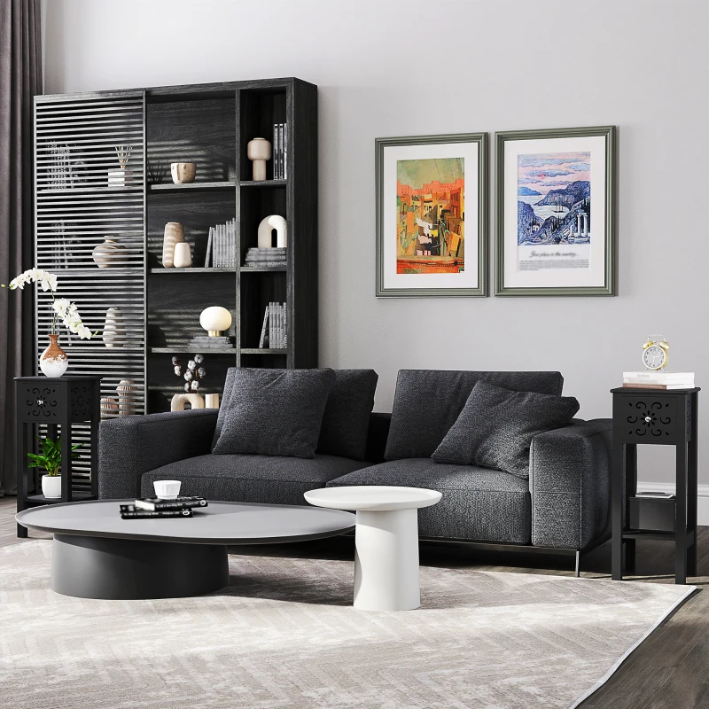 HOMCOM Nightstand Set of 2 with Drawer and Open Storage Shelf Black