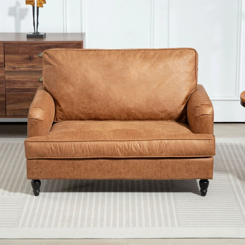 HOMCOM Modern Accent Chair, Leathaire Armchair with Turned Legs and Wide Seat, Comfy Chair for Living Room, Brown