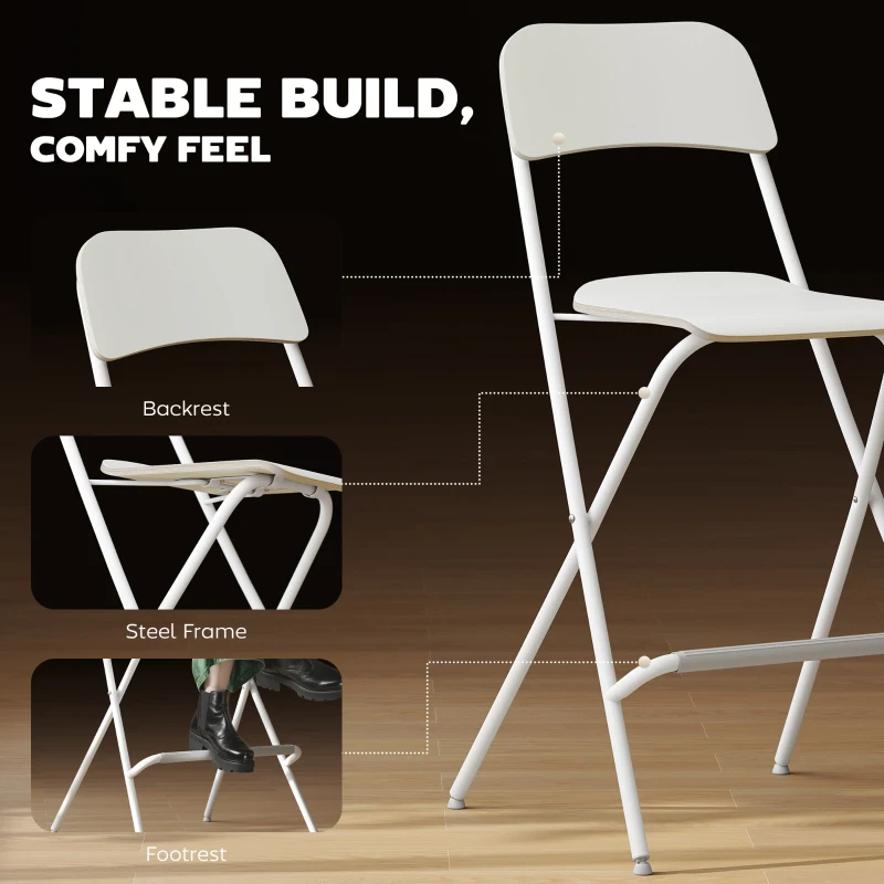 HOMCOM Folding Bar Stools Set of 2, Counter Height Foldable Stool with Wooden Effect Seat and Steel Frame for Kitchen, White