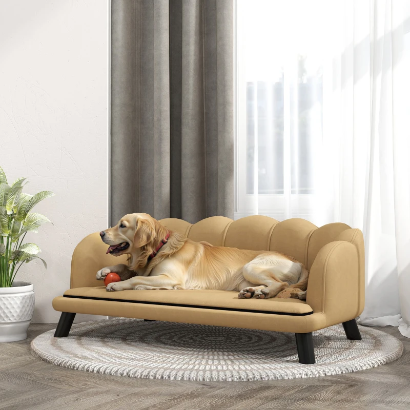 PawHut Pearl Design Pet Sofa for Medium and Large Sized Dogs, Pet Bed with Cushion and Solid Wood Legs, Coffee