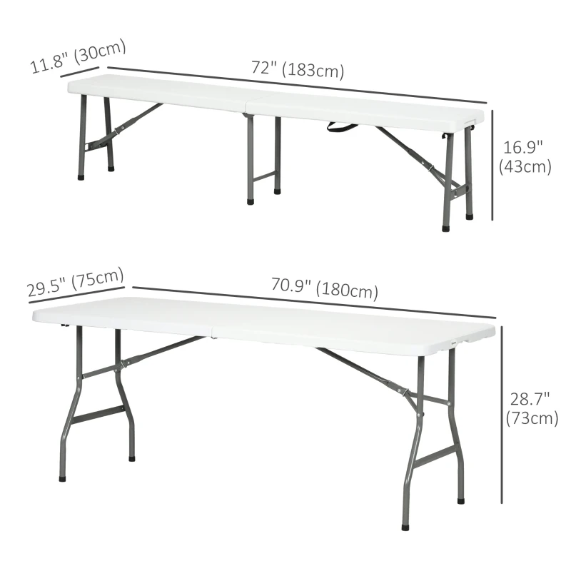 Outsunny Folding Picnic Table with 2 Benches, 3-Piece Portable Outdoor Picnic Table Bench Set for 6, Patio Dining Table Set with Plastic Top, Steel Frame for Garden, White